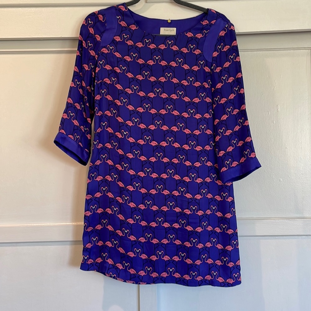 100% silk Harlan, short blue dress with pink flamingos. Size small petite